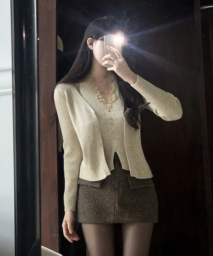 レースホールターレイヤードカーディガン BEIGE