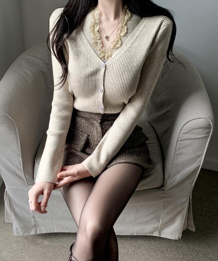 レースホールターレイヤードカーディガン BEIGE