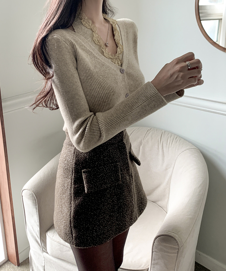 レースホールターレイヤードカーディガン BEIGE