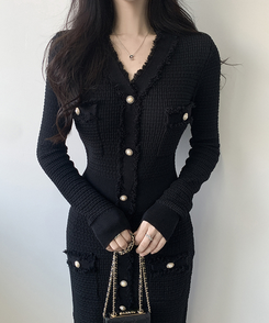 ツイード襟章ボタンロングワンピース BLACK