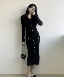ツイード襟章ボタンロングワンピース BLACK