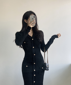 ツイード襟章ボタンロングワンピース BLACK