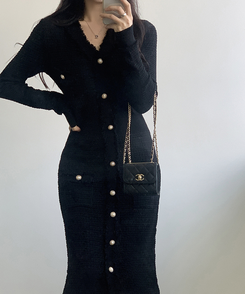 ツイード襟章ボタンロングワンピース BLACK