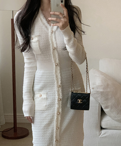 ツイード襟章ボタンロングワンピース IVORY