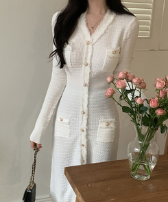 ツイード襟章ボタンロングワンピース IVORY