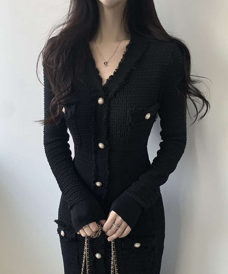 ツイード襟章ボタンロングワンピース BLACK