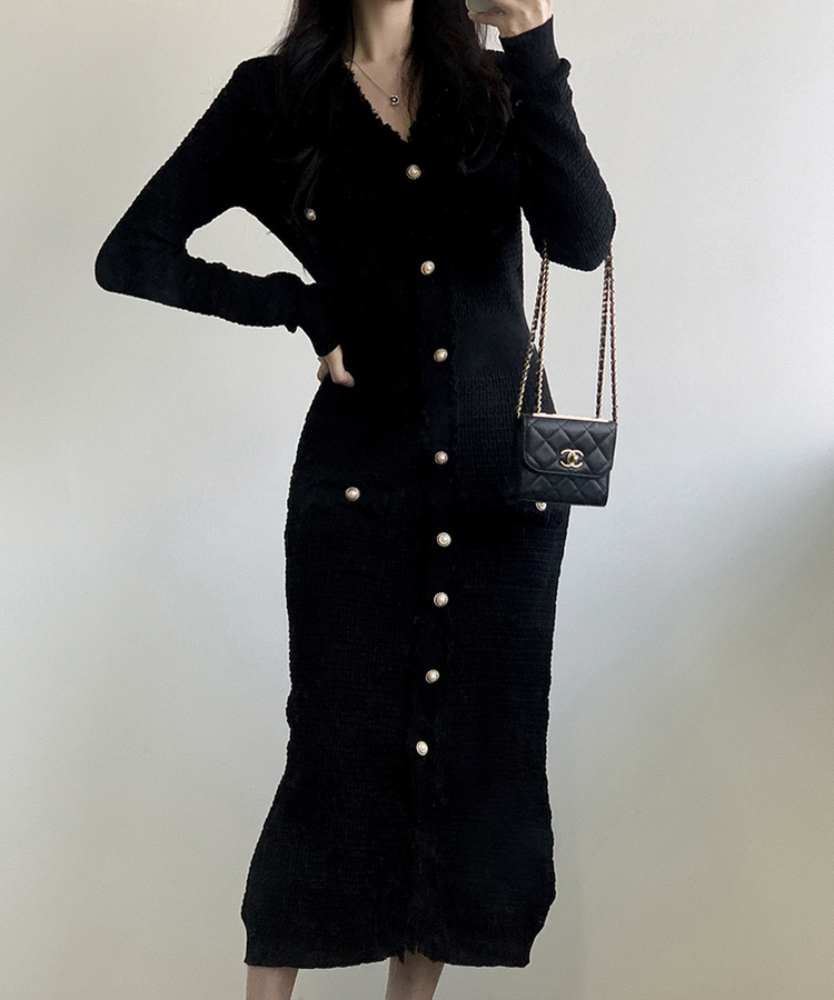 ツイード襟章ボタンロングワンピース BLACK