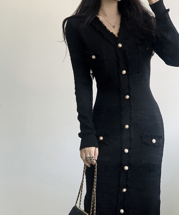 ツイード襟章ボタンロングワンピース BLACK