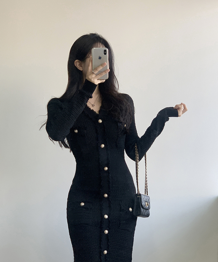 ツイード襟章ボタンロングワンピース BLACK