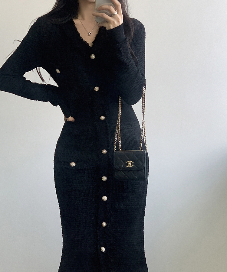 ツイード襟章ボタンロングワンピース BLACK