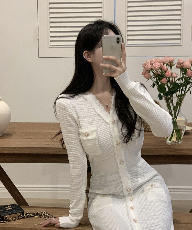 ツイード襟章ボタンロングワンピース IVORY