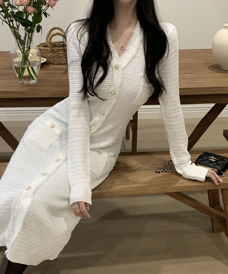 ツイード襟章ボタンロングワンピース IVORY