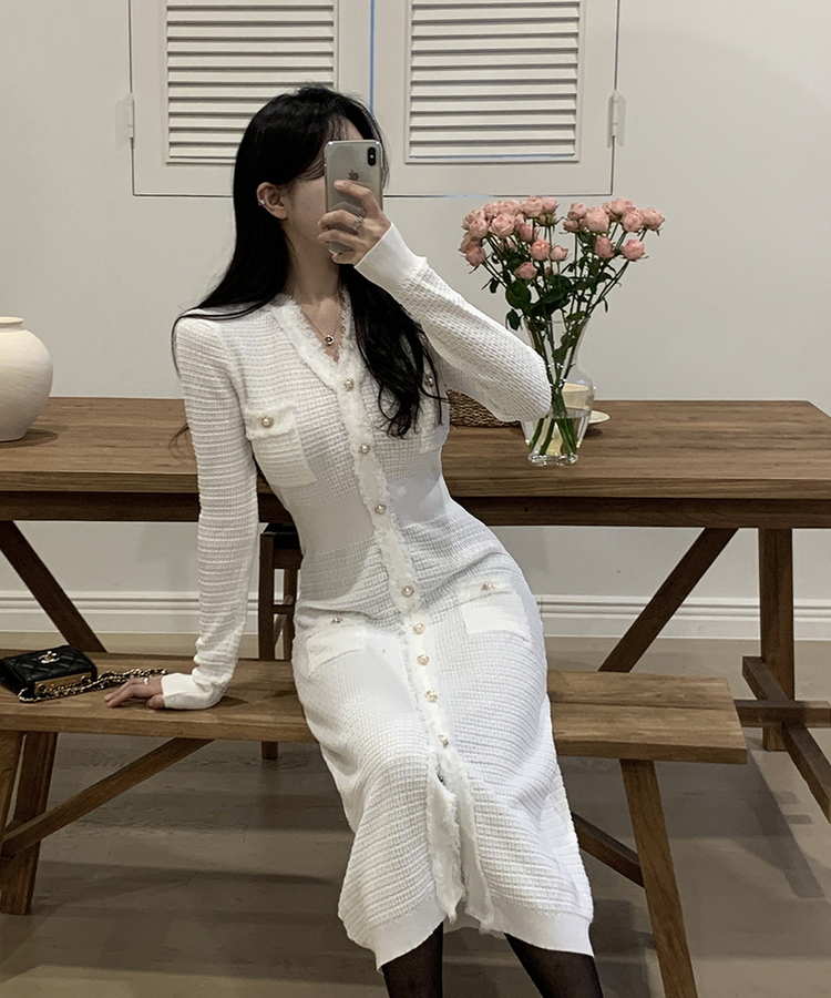 ツイード襟章ボタンロングワンピース IVORY