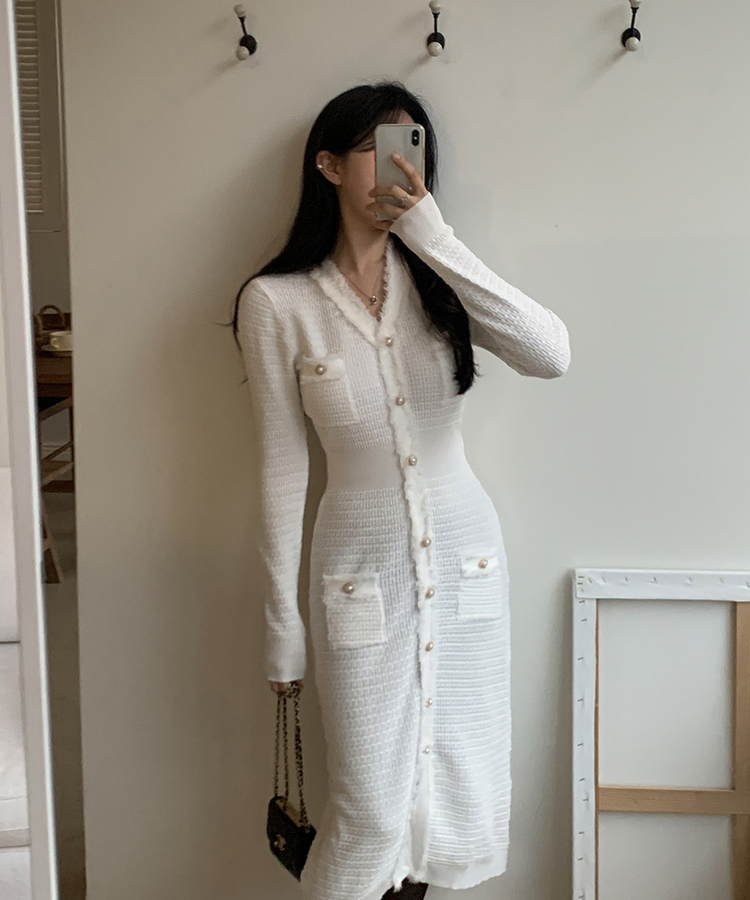 ツイード襟章ボタンロングワンピース IVORY