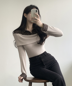 チェックシャツレイヤードブラウス BEIGE