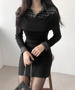 チェックシャツレイヤードブラウス BLACK