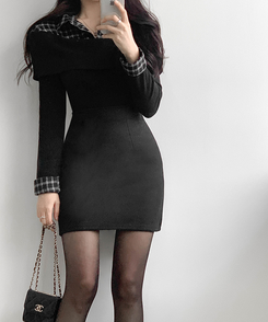 チェックシャツレイヤードブラウス BLACK