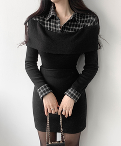 チェックシャツレイヤードブラウス BLACK