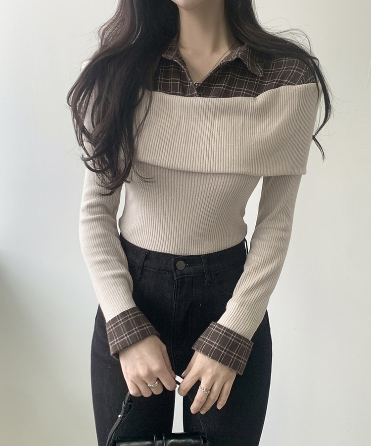 チェックシャツレイヤードブラウス BEIGE