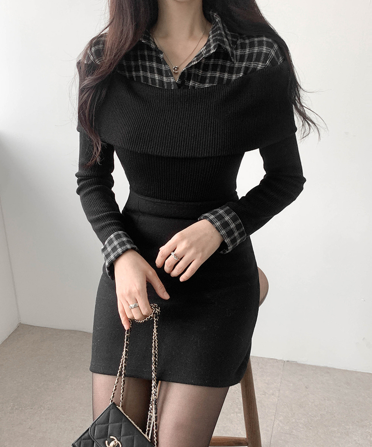 チェックシャツレイヤードブラウス BLACK