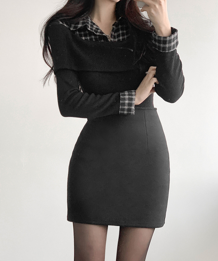 チェックシャツレイヤードブラウス BLACK