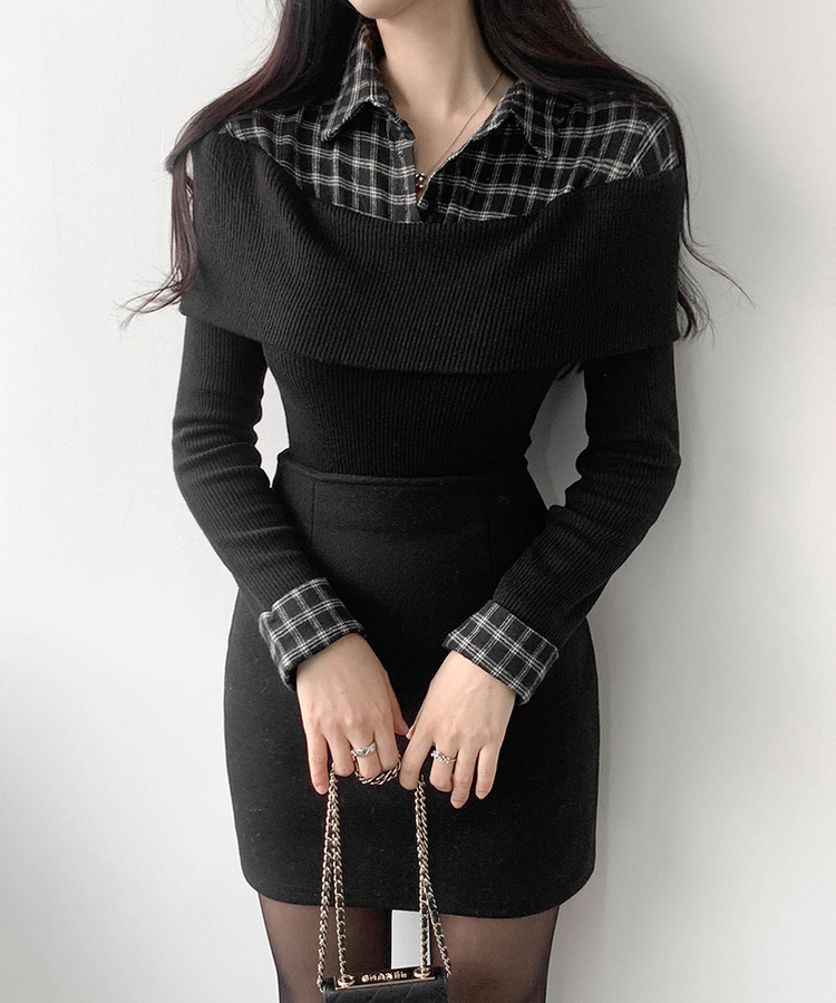 チェックシャツレイヤードブラウス BLACK