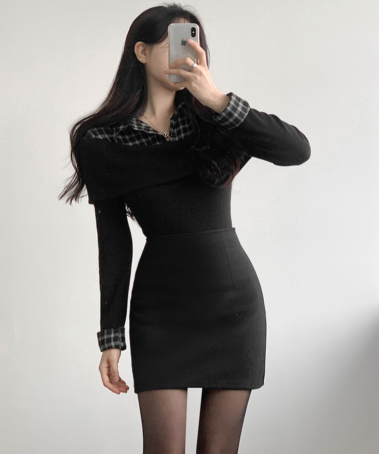 チェックシャツレイヤードブラウス BLACK