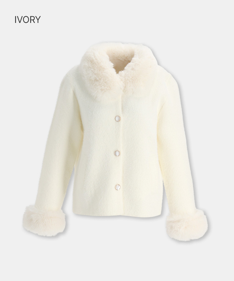 ファーカラーボタンカーディガン IVORY