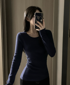 【起毛】サイドシャーリングラウンド長袖Tシャツ(6color) NAVY