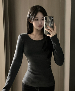 【起毛】サイドシャーリングラウンド長袖Tシャツ(6color) CHARCOAL