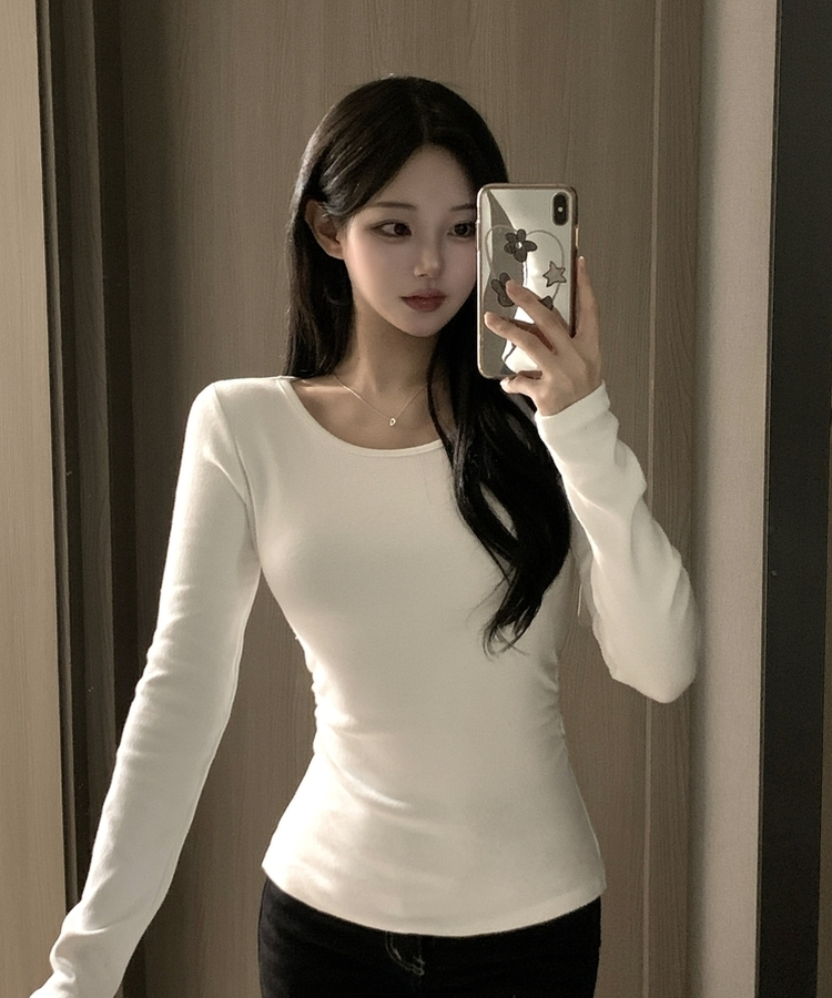 【起毛】サイドシャーリングラウンド長袖Tシャツ(6color) IVORY