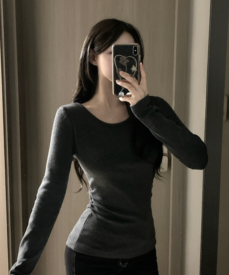 【起毛】サイドシャーリングラウンド長袖Tシャツ(6color) CHARCOAL