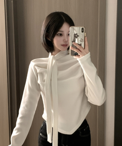 【タイ付き】ドレープブラウス長袖Tシャツ IVORY