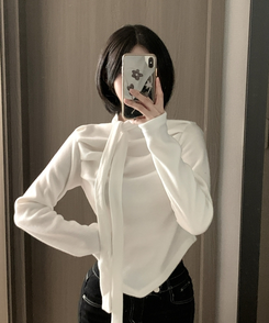 【タイ付き】ドレープブラウス長袖Tシャツ IVORY