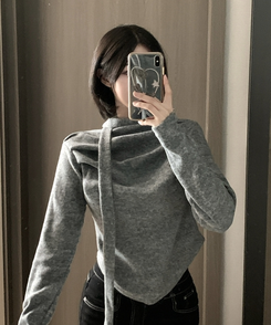 【タイ付き】ドレープブラウス長袖Tシャツ GREY