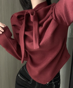 【タイ付き】ドレープブラウス長袖Tシャツ WINE