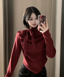 【タイ付き】ドレープブラウス長袖Tシャツ WINE