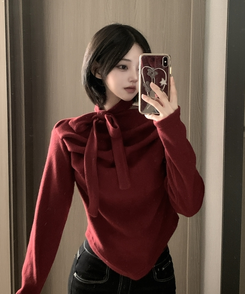 【タイ付き】ドレープブラウス長袖Tシャツ WINE