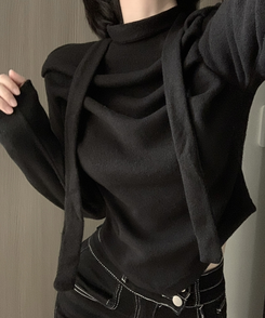 【タイ付き】ドレープブラウス長袖Tシャツ BLACK