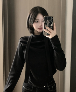 【タイ付き】ドレープブラウス長袖Tシャツ BLACK