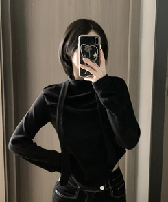 【タイ付き】ドレープブラウス長袖Tシャツ BLACK