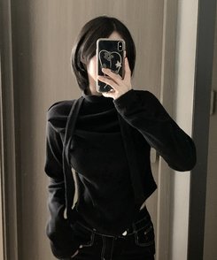 【タイ付き】ドレープブラウス長袖Tシャツ BLACK