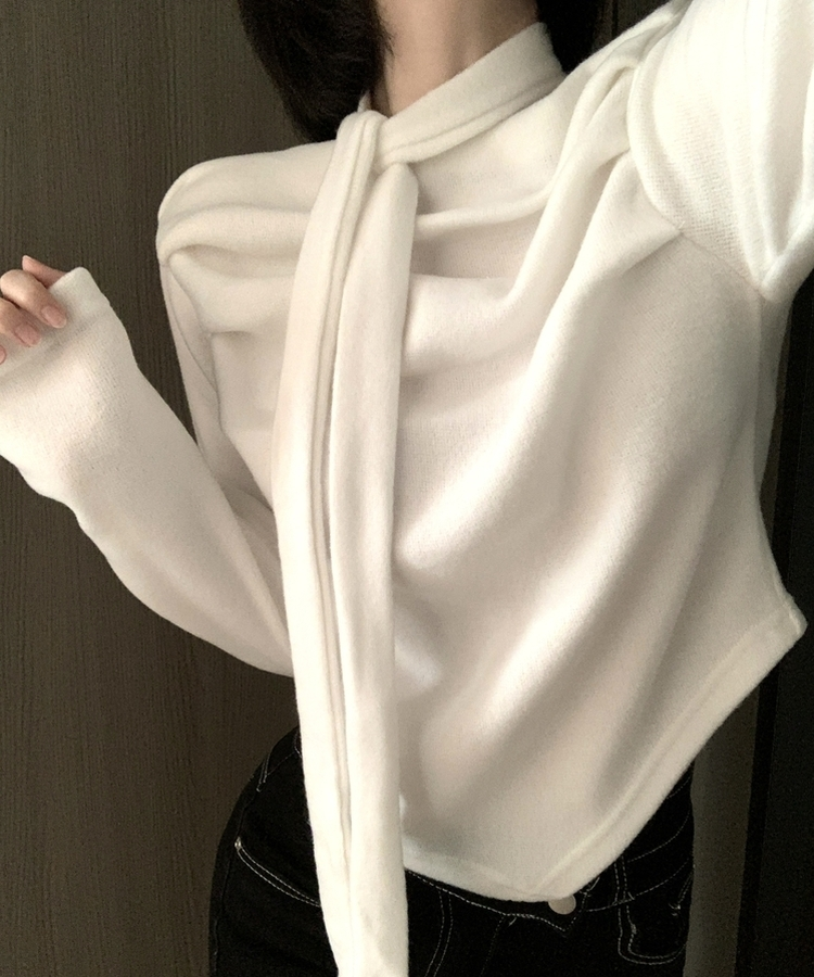 【タイ付き】ドレープブラウス長袖Tシャツ IVORY