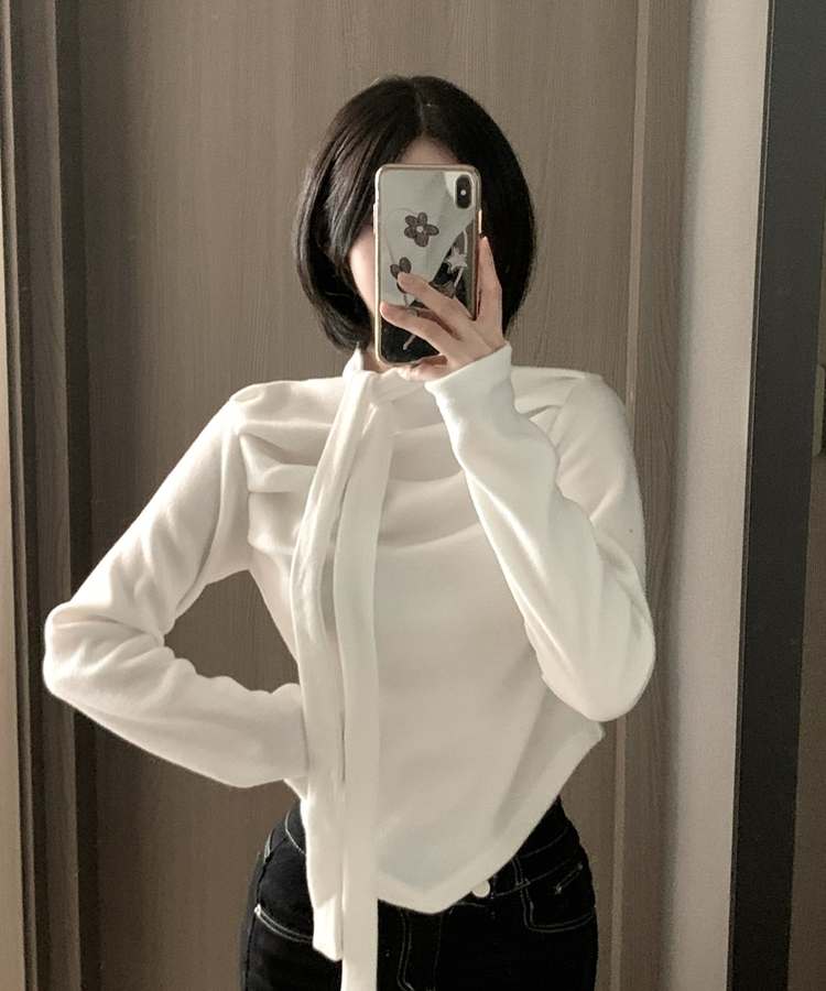 【タイ付き】ドレープブラウス長袖Tシャツ IVORY