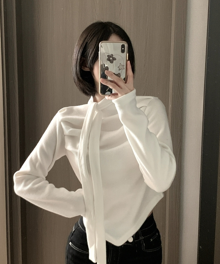 【タイ付き】ドレープブラウス長袖Tシャツ IVORY