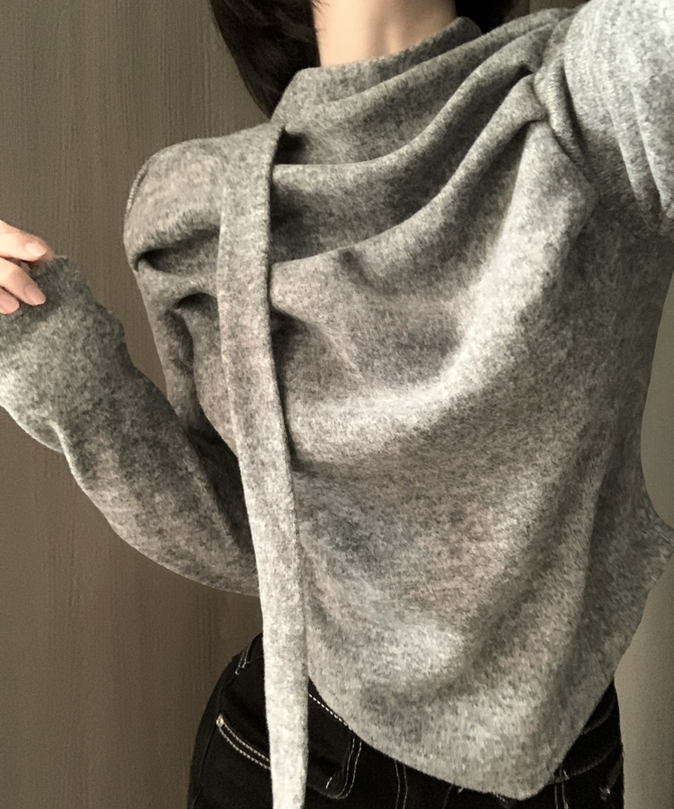 【タイ付き】ドレープブラウス長袖Tシャツ GREY