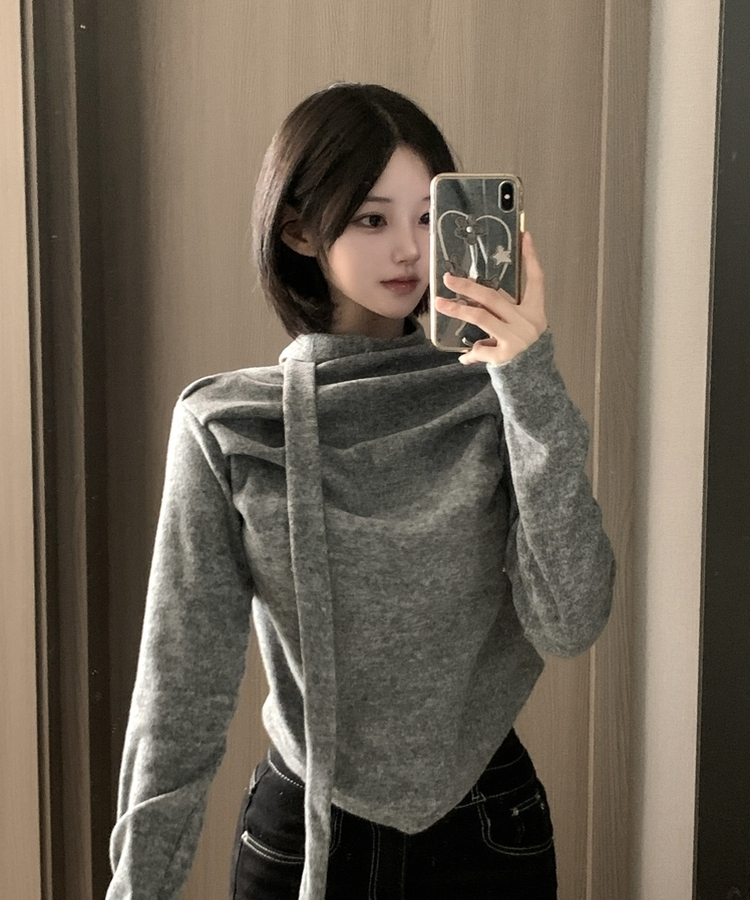 【タイ付き】ドレープブラウス長袖Tシャツ GREY