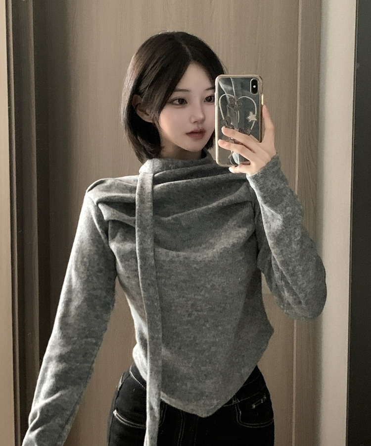 【タイ付き】ドレープブラウス長袖Tシャツ GREY