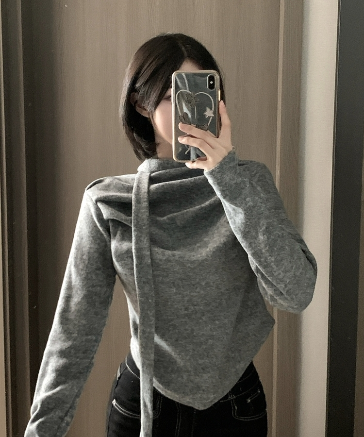 【タイ付き】ドレープブラウス長袖Tシャツ GREY