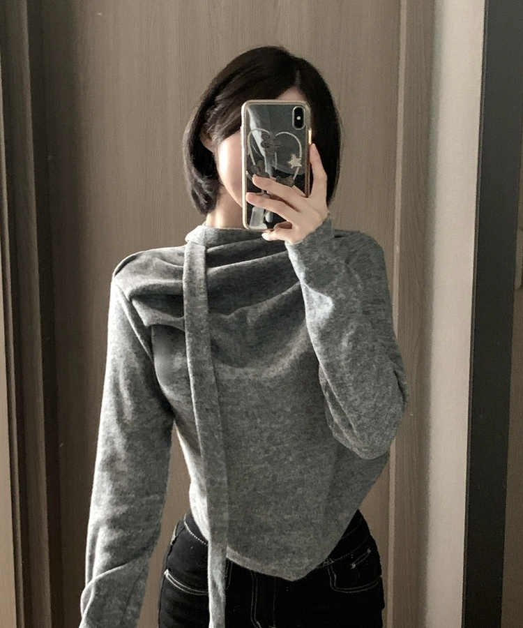 【タイ付き】ドレープブラウス長袖Tシャツ GREY